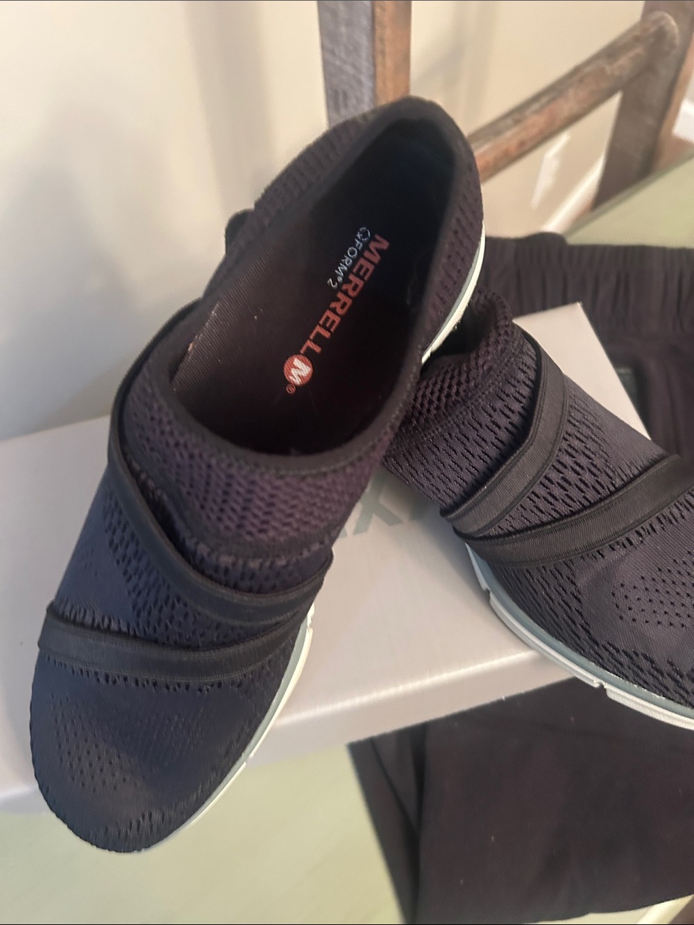 Merrell Women’s Flexx Black Knit Slip-On Sneakers with White Sole